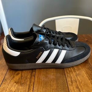 Men’s Adidas Samba Black with White Stripes and Gold Detail